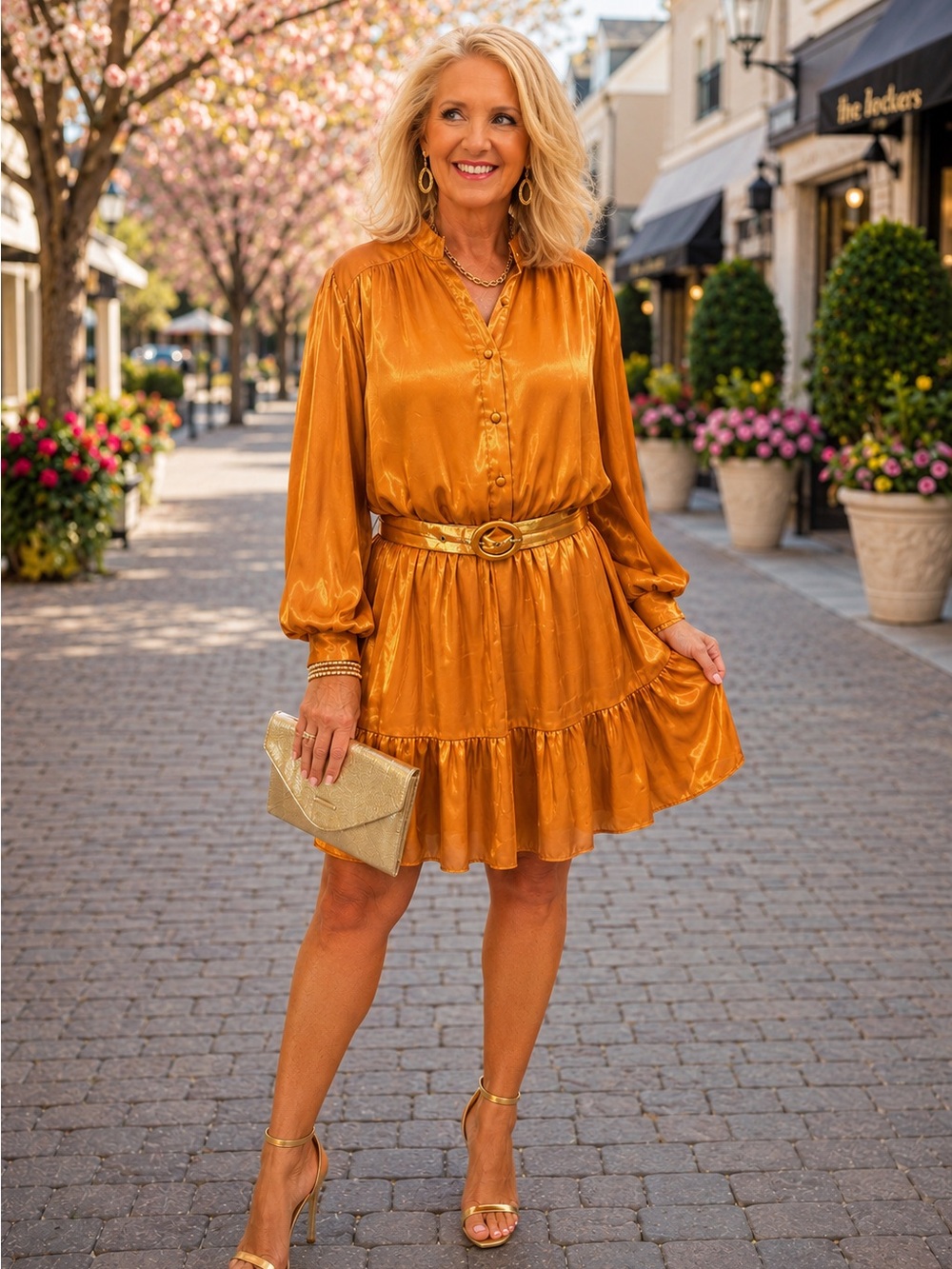 Flying Tomato Iridescent Metallic Golden Belted Tiered Mini Dress Size Large